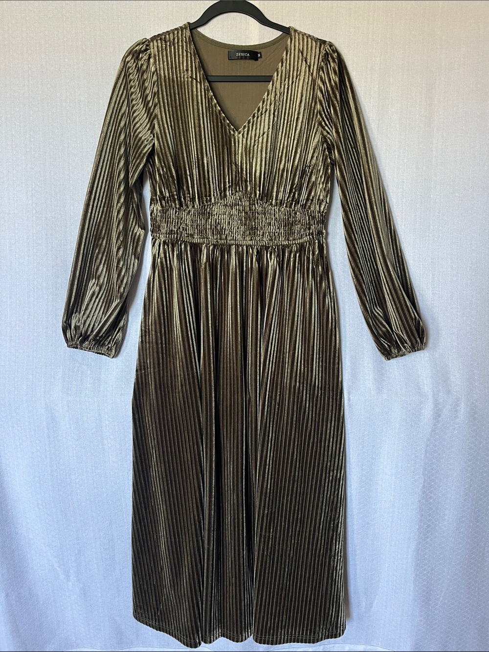Olive Green Pleated V-Neck Maxi Dress